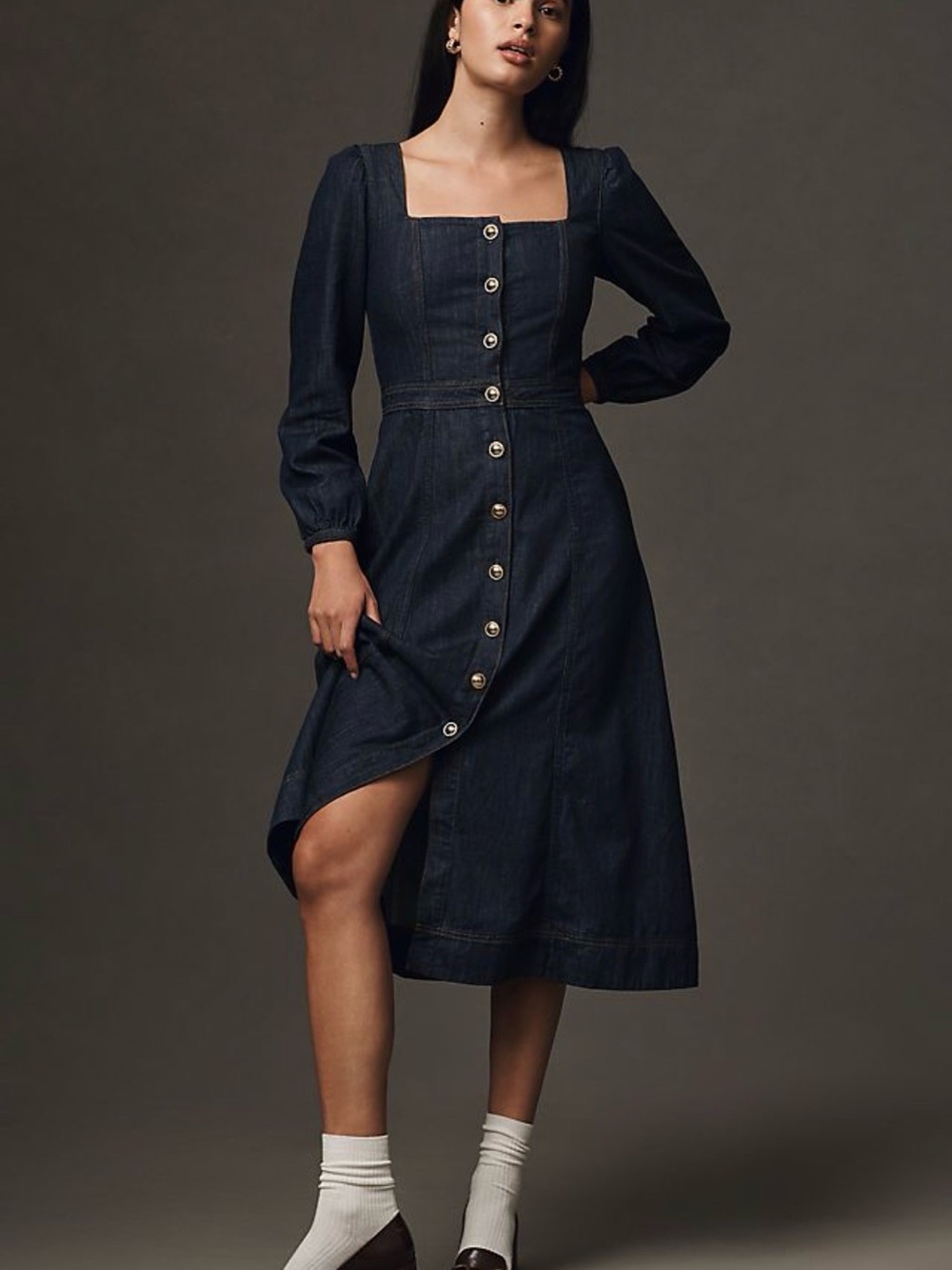 Reformation Dark Blue Denim Button-Front Square-Neck Midi Dress